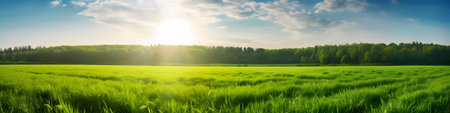 Panoramic view of a field with green grass and blue skyの素材