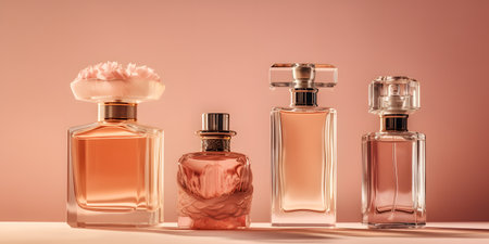 Bottles of perfume on a pink background. 3d rendering.の素材
