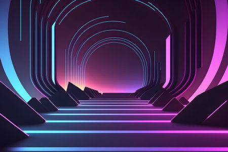 Abstract dark corridor with neon lights, 3d rendering. Computer digital drawing.の素材