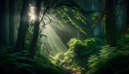 Mysterious green forest with fog and sun rays. Fantasy landscape.の素材