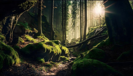 Mysterious forest in the light of the setting sun. Fantasy landscape.の素材