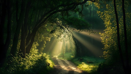 Mysterious forest in the morning with sunbeams and fogの素材