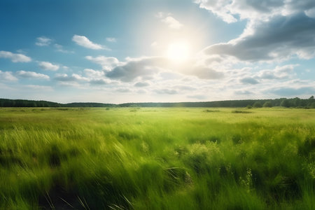 beautiful summer landscape with green meadow and blue sky with cloudsの素材