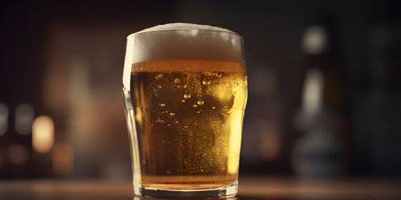Glass of beer on the bar counter in a pub or restaurant.の素材