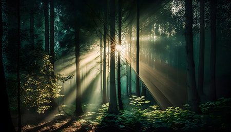 Mysterious dark forest with sunbeams and rays of lightの素材
