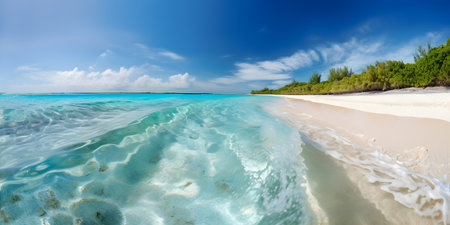 Panoramic view of beautiful tropical beach with white sand and turquoise waterの素材