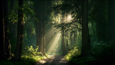 Beautiful green forest with sun rays shining through tree trunks.の素材