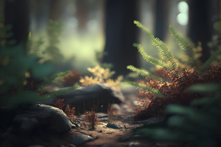 Mysterious forest with ferns and rocks. 3D renderingの素材