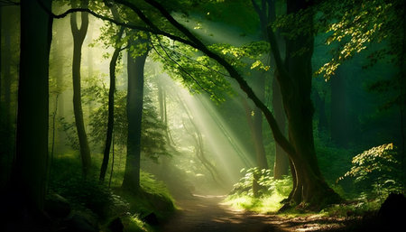 Mysterious dark forest with sunbeams and rays of lightの素材
