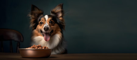 Shetland Sheepdog with a bowl of dry food on a dark backgroundの素材