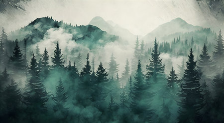 Foggy forest in the mountains. misty landscape. digital paintingの素材