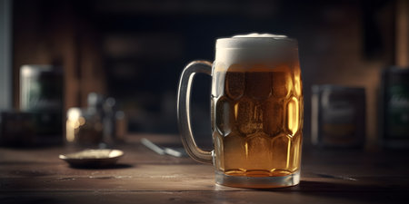 glass of beer on a wooden table in a pub, dark backgroundの素材