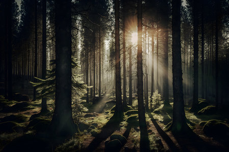 Mysterious dark forest with fog and rays of light. 3D renderingの素材