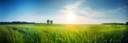 Sunset over rice field in summer. panoramic landscape.の素材