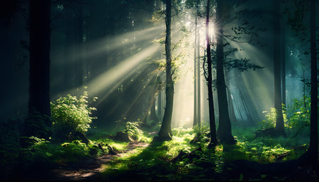 Mysterious dark forest with fog and sun rays. Fantasy landscapeの素材