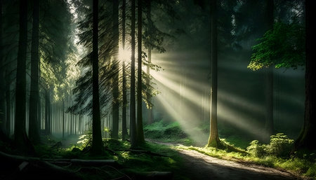 Beautiful fantasy forest with fog and sunbeams in the morningの素材