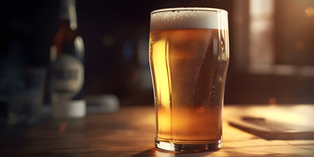 Glass of beer on a wooden table in a pub, closeup. Space for textの素材
