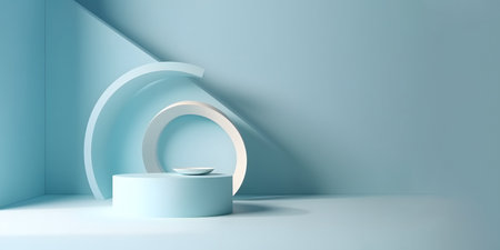 3d rendering of minimal geometric forms, podium for product presentation in blue roomの素材