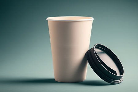 White paper coffee cup with black lid on blue background. 3d renderingの素材
