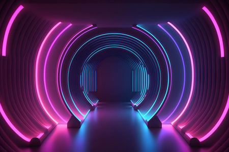 Abstract neon background. 3D rendering. neon lights. futuristic tunnel.の素材