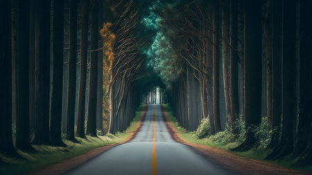 Conceptual image of a road in the middle of the woodsの素材