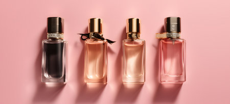 Perfume bottles on pink background. Top view, flat layの素材