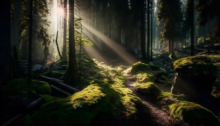 Fantastic dark forest with fog and rays of light. HDR imageの素材
