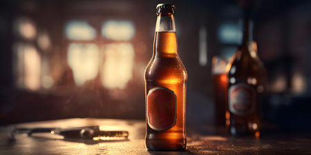 bottle of beer on a table in a pub or restaurant.の素材