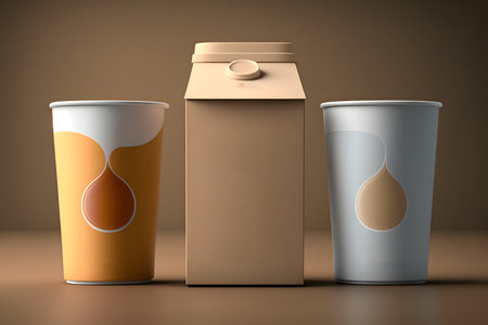 3d rendering of a set of coffee cups and a paper bagの素材