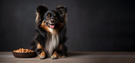 Shetland Sheepdog and bowl of dry food on dark backgroundの素材