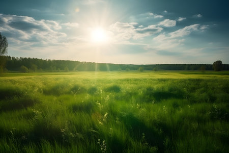 Sunset or sunrise in a summer field with green grass and treesの素材