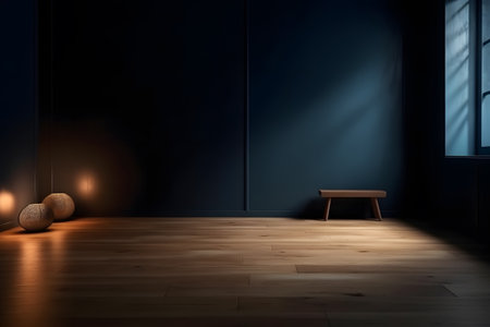 Interior of a dark room with a wooden floor and a benchの素材