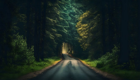 Road in the woods with trees and fog. 3d rendering.の素材