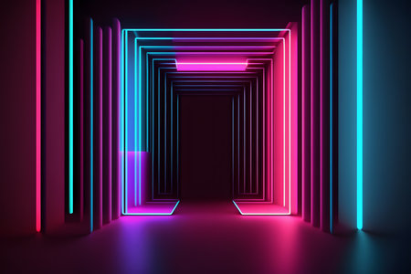 3d render, abstract background with neon lights. Futuristic interior. Glowing neon light tunnel.の素材