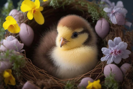 Easter eggs in nest with yellow chick and spring flowers on dark backgroundの素材