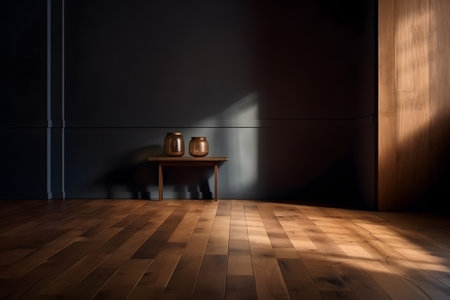 Wooden table in a dark room with two vases on itの素材