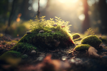 Mushrooms growing on mossy stone in the forest at sunsetの素材