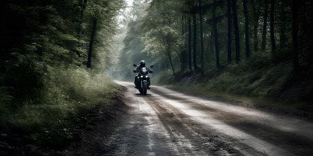 Motorcycle on the road in the dark forest. Biker on a motorcycleの素材