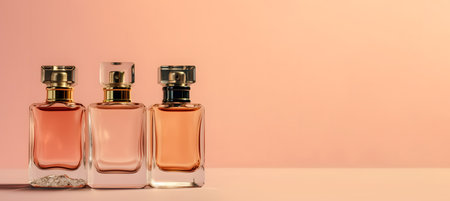 Perfume bottles on a pink background with space for text.の素材