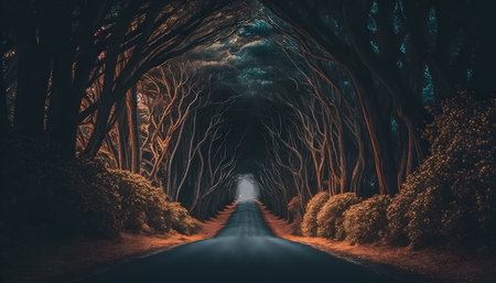 3D rendering of a road through a dark forest in the eveningの素材