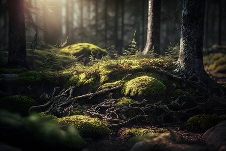 Beautiful fantasy dark forest with moss and ferns in the morningの素材