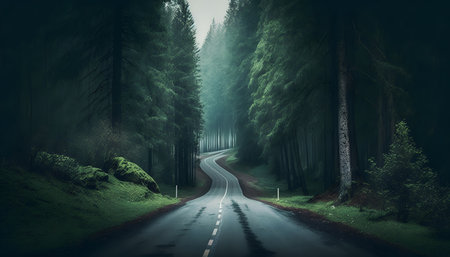 Foggy asphalt road in a pine forest. 3d renderingの素材