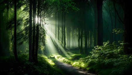 Mysterious dark forest with sun rays and fog. Beautiful natural backgroundの素材