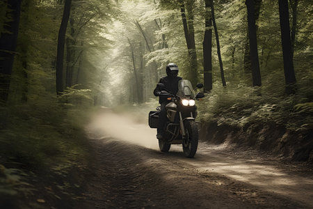 Motorcyclist riding on a forest road in the fog. Adventure and travel concept.の素材