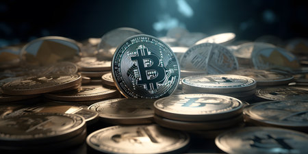 Bitcoin. Cryptocurrency background. Virtual money concept. 3d illustrationの素材