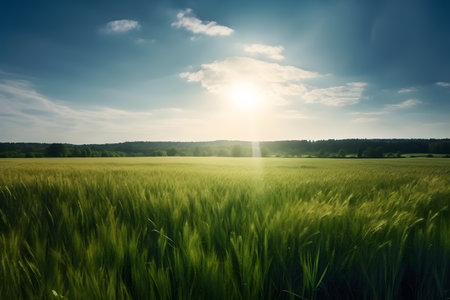 Green wheat field and blue sky with sun. Beautiful nature landscape.の素材