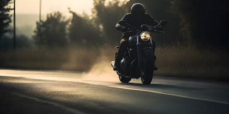 Motorcyclist riding on the road in the evening. motion blurの素材