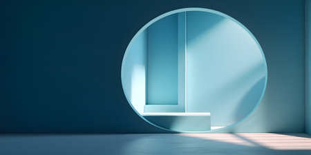 Minimalist blue room with round mirror, 3D rendering.の素材
