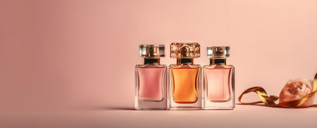 Perfume bottles on pink background. Perfumery and fragrance conceptの素材