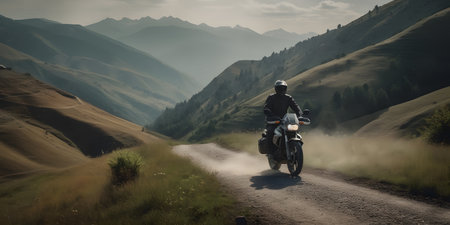 Motorcyclist riding on a dirt road in the high mountains.の素材